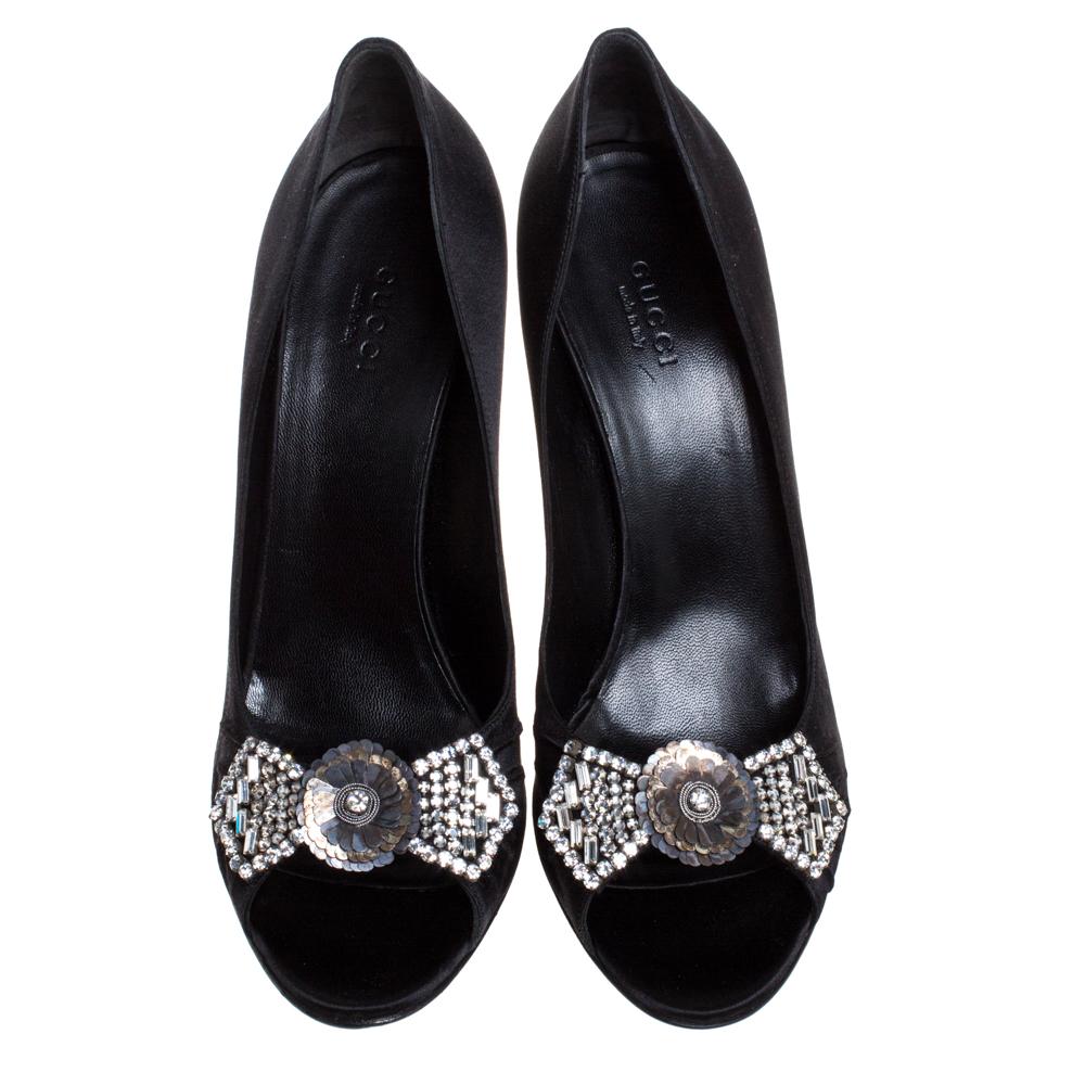Gucci Pumps Peep Toe in raso nero con fiocco impreziosito da cristalli misura 39,5 3