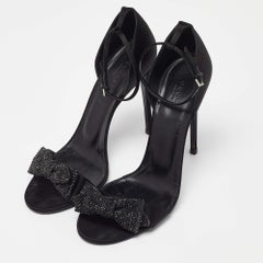 Gucci Black Satin Crystal Embellished Bow Open Toe Ankle Strap Sandals Size 41