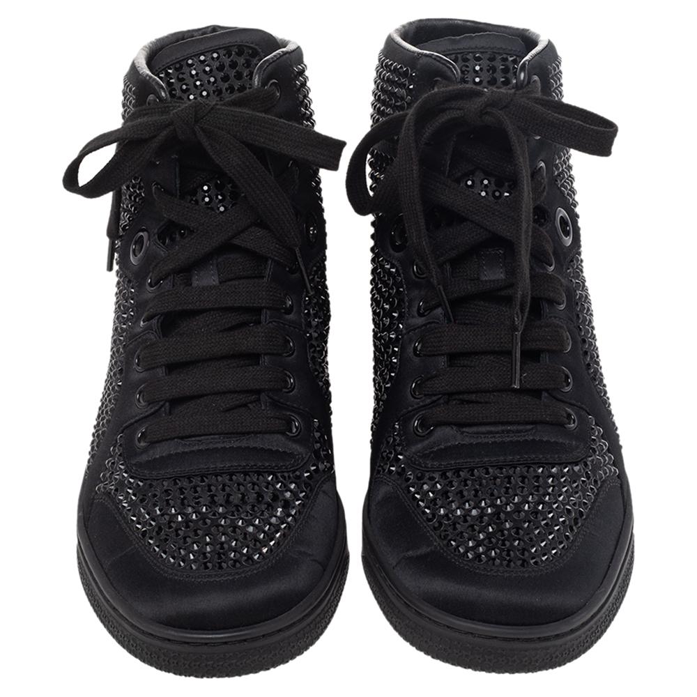 Women's Gucci Black Satin Crystal Embellished Coda High Top Sneakers Size 39