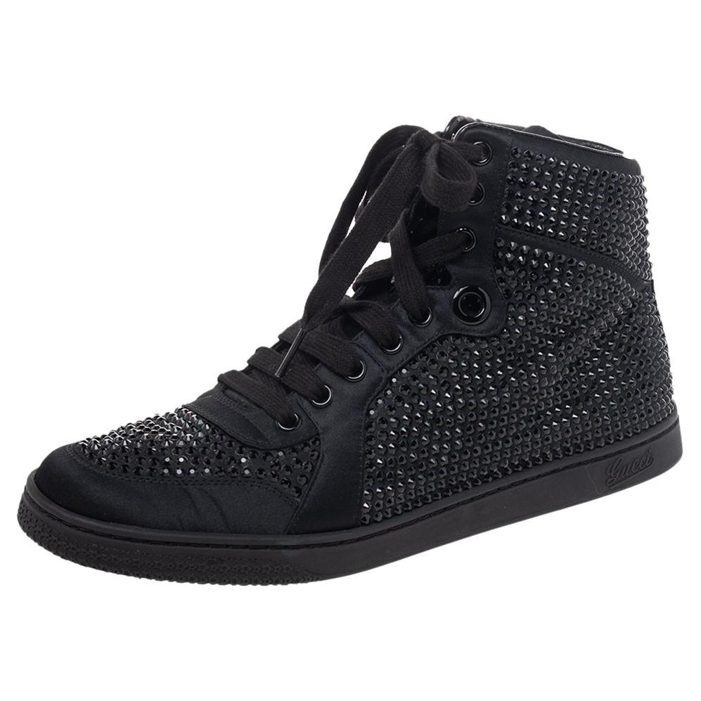 Gucci Black Satin Crystal Embellished Coda High Top Sneakers Size 39