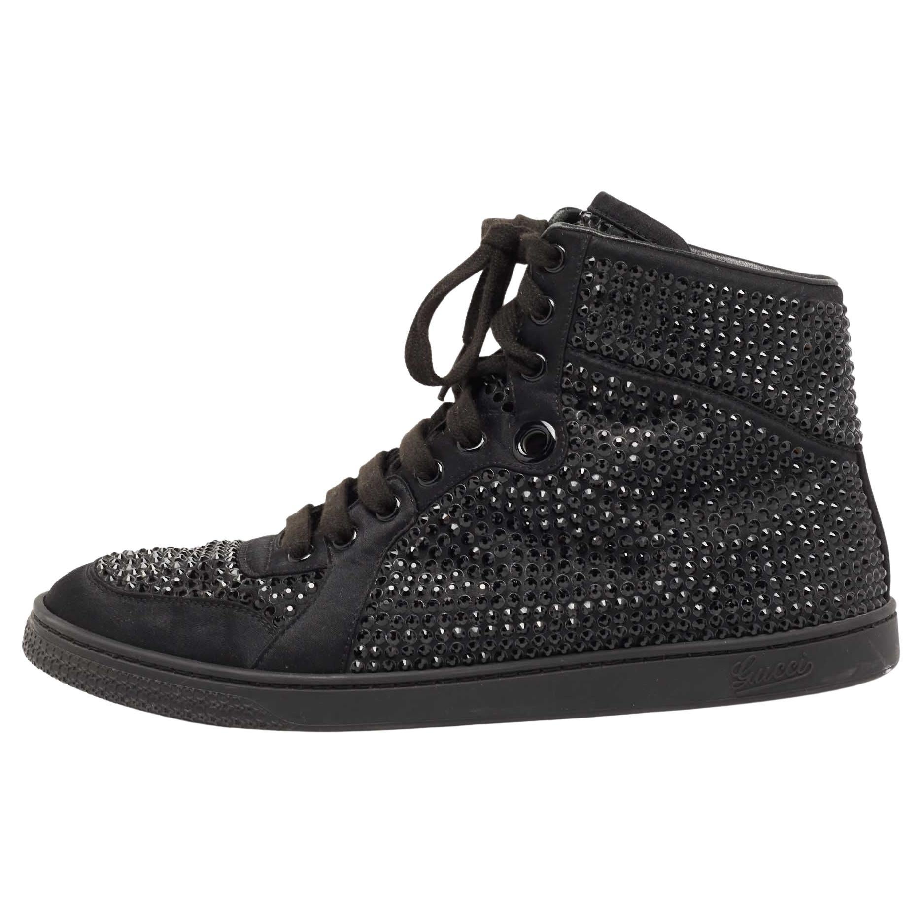 Gucci Black Satin Crystal Embellished Coda High Top Sneakers Size 39 For Sale