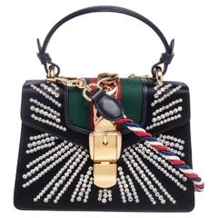 Gucci Black Satin Crystal Embellished Mini Sylvie Top Handle Bag