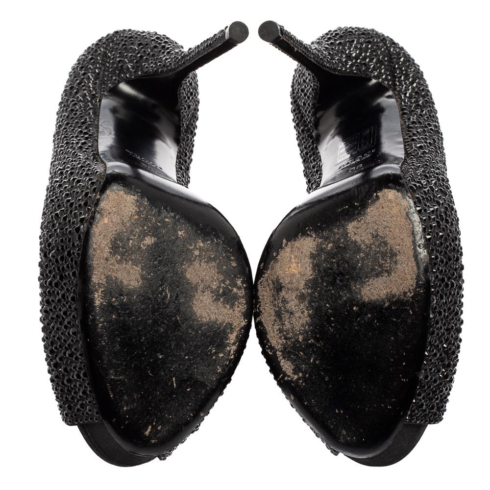 Gucci Black Satin Crystal Peep Toe Platform Pumps Size 38 For Sale 1