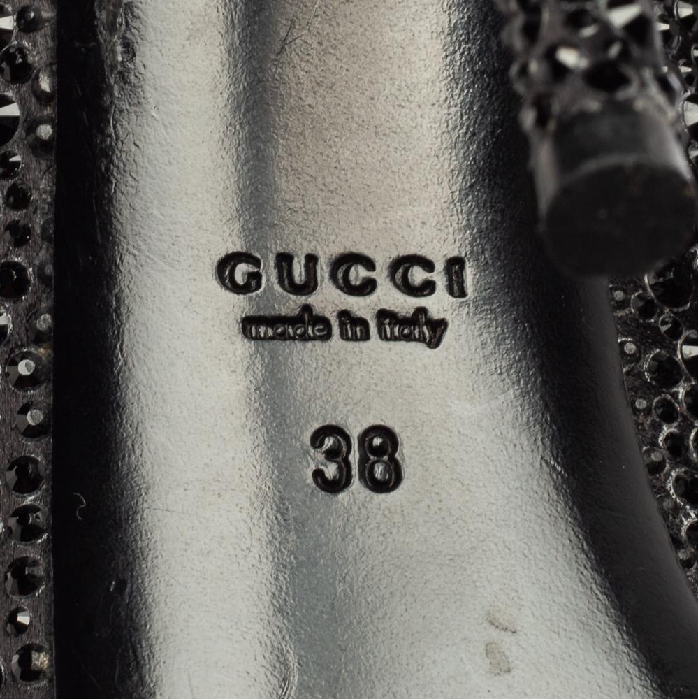 Gucci Black Satin Crystal Peep Toe Platform Pumps Size 38 For Sale 2