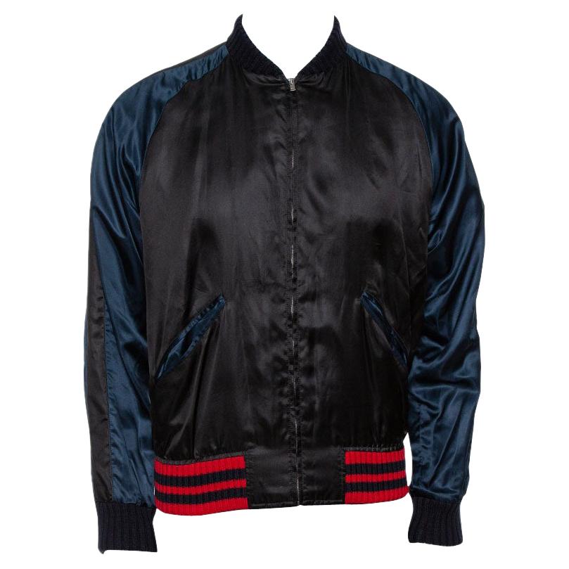 Gucci Black Satin Eagle Embroidered Bomber Jacket L