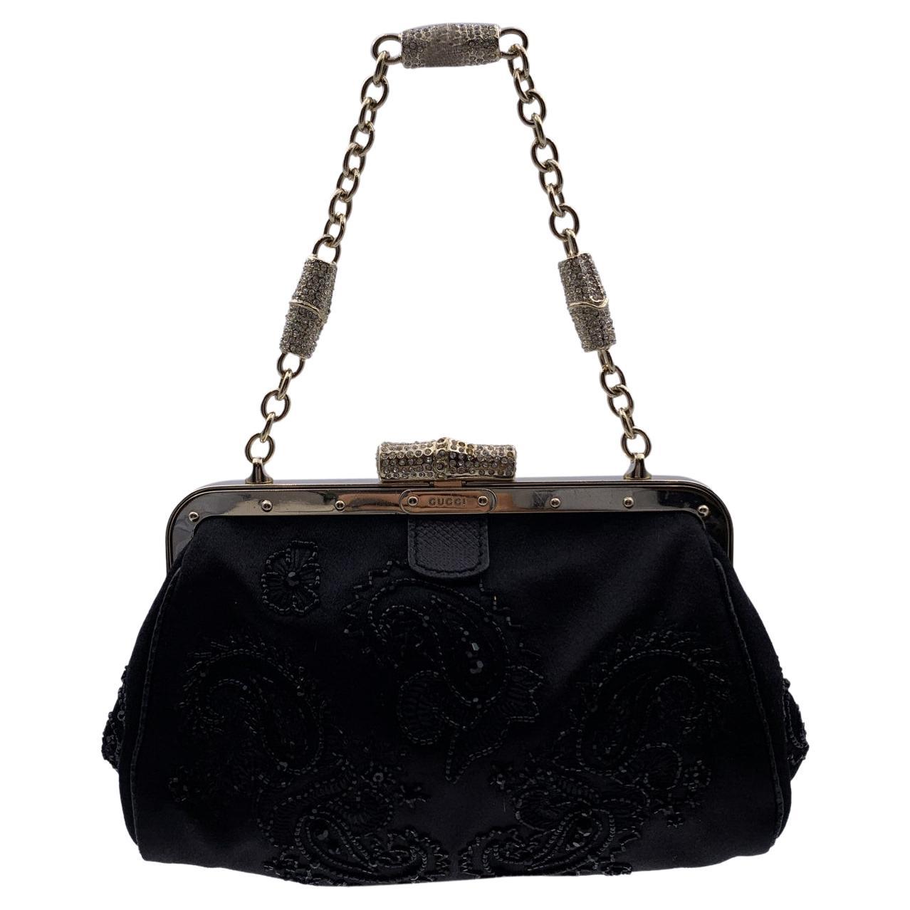 Gucci Black Satin Embellished Beaded Small Handbag Evening Bag