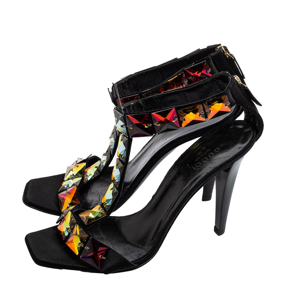 Women's Gucci Black Satin Embellished T-Strap Sandals Size 37