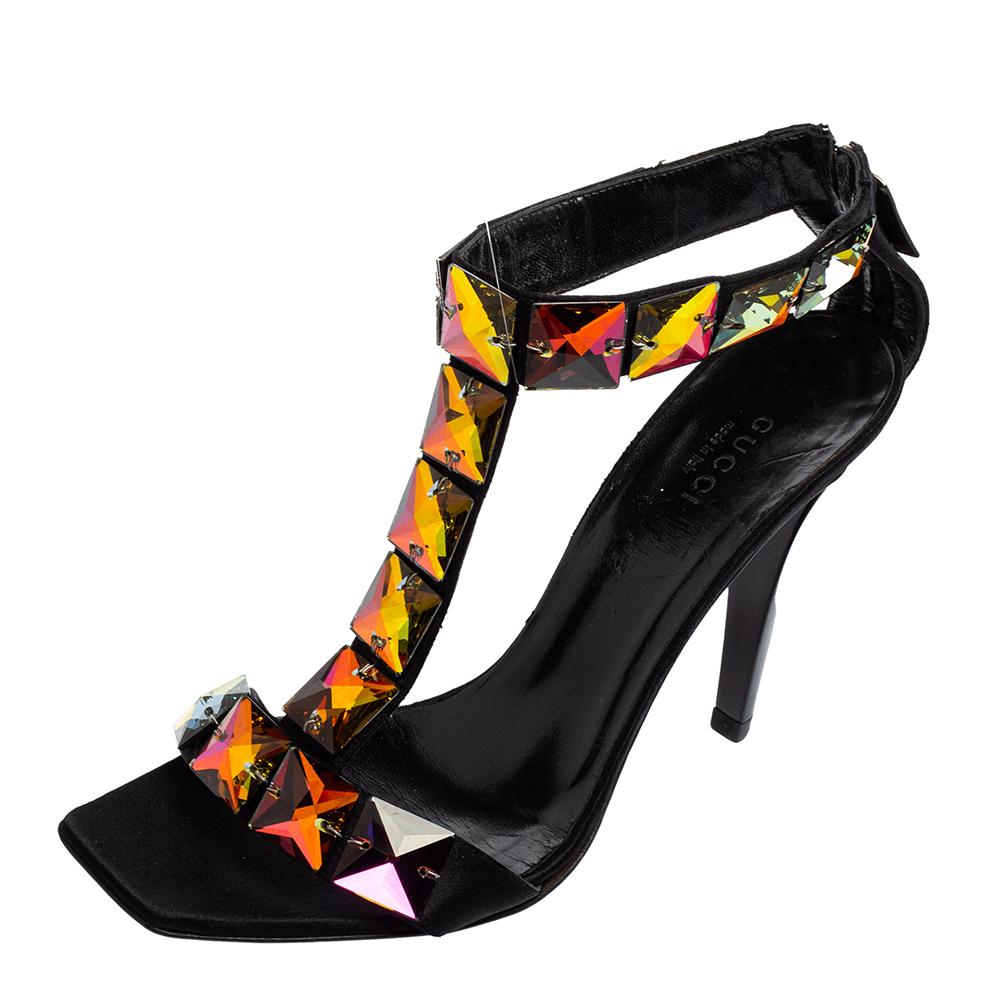 Gucci Black Satin Embellished T-Strap Sandals Size 37 4