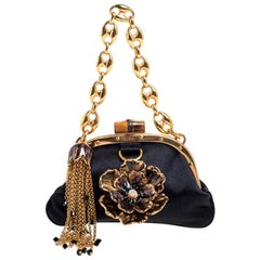 Gucci Black Satin Flower Embellished Bamboo Lock Mini Clutch