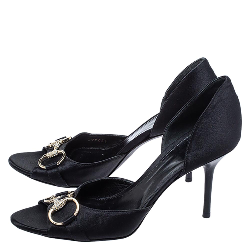 Women's Gucci Black Satin Horsebit D'Orsay Peep Toe Sandals Size 38.5