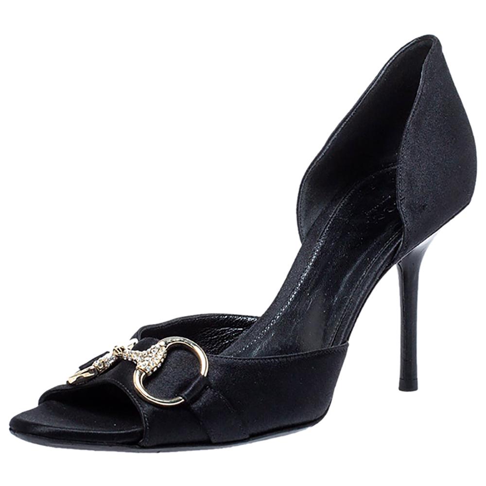 Gucci Black Satin Horsebit D'Orsay Peep Toe Sandals Size 38.5