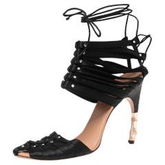 Gucci Black Satin Strappy Ankle Tie Sandals Size 37.5