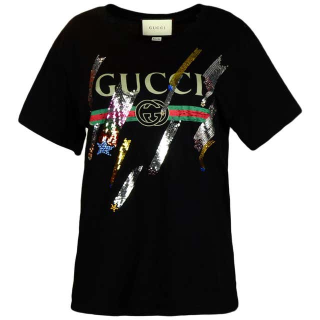 Gucci Black Sequin and Crystal Embellished Logo T-Shirt sz Medium rt ...