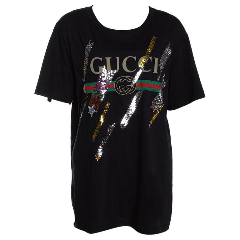 Gucci Black Sequin Embellished Cotton Shooting Stars T Shirt M For Sale