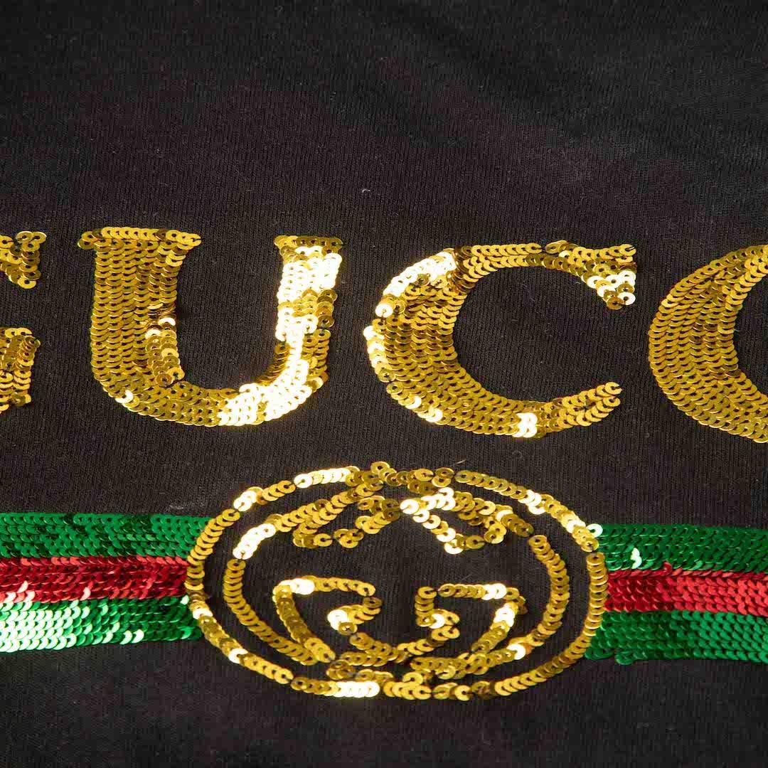 De las mujeres Camiseta Gucci Logo Tigre Lentejuelas Negro Talla S en venta