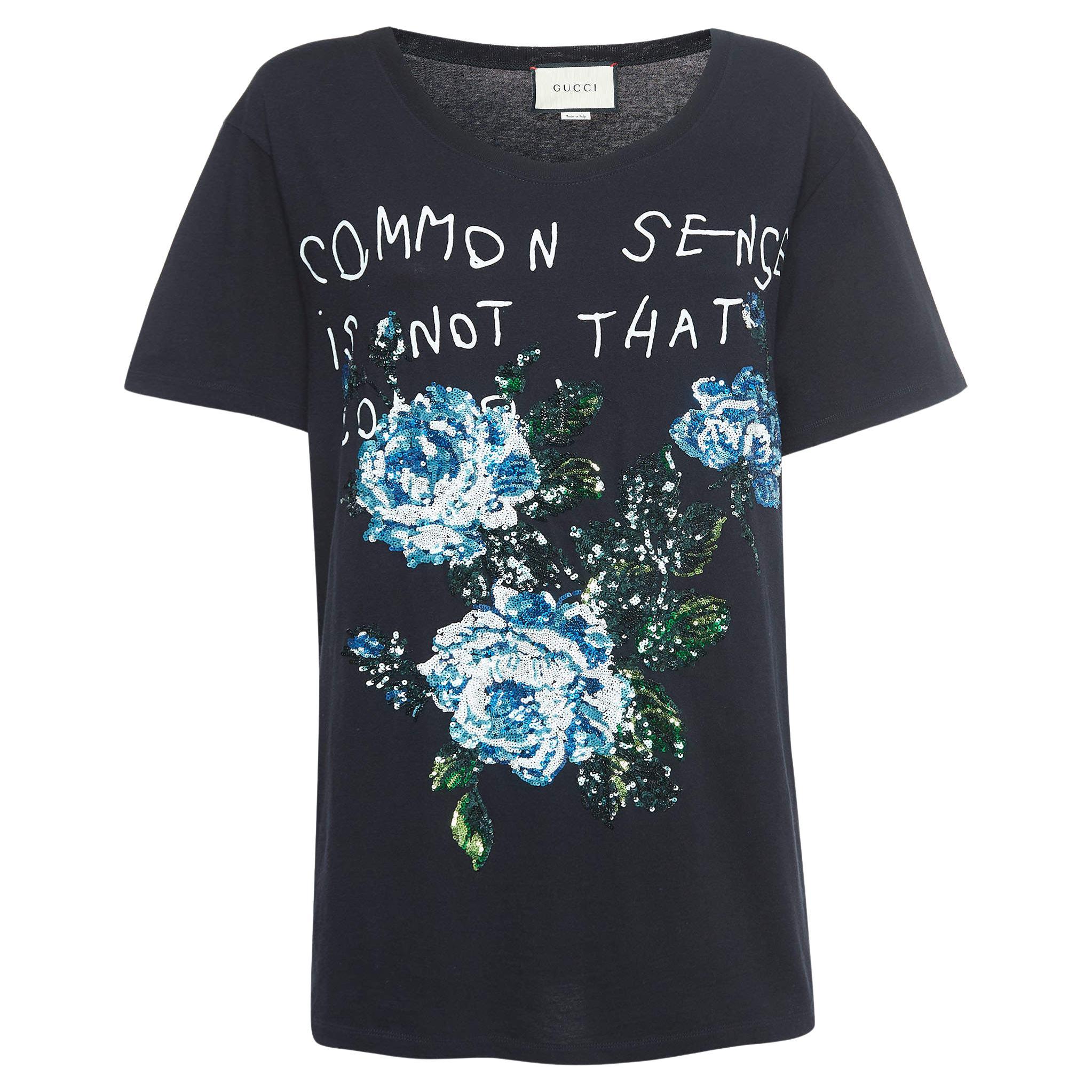 Gucci Black Sequined Embroidered Cotton T-Shirt S For Sale