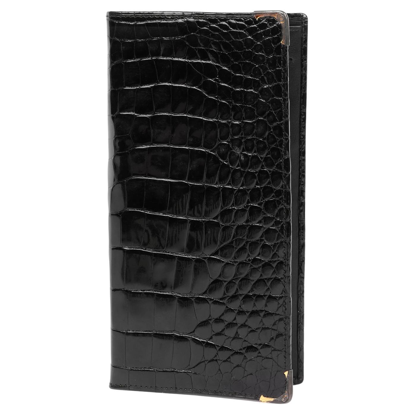 Gucci Black Shiny Alligator Leather Vintage Continental Wallet For Sale