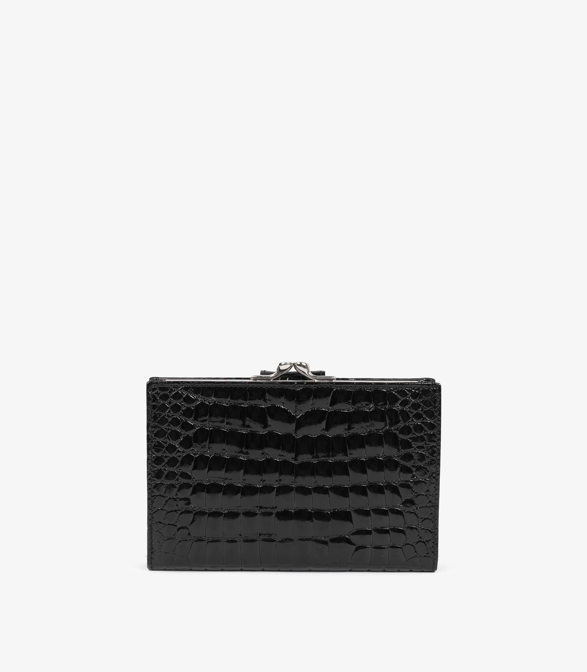 Gucci Black Shiny Alligator Leather Vintage Stirrup Wallet In Excellent Condition For Sale In Bishop's Stortford, Hertfordshire