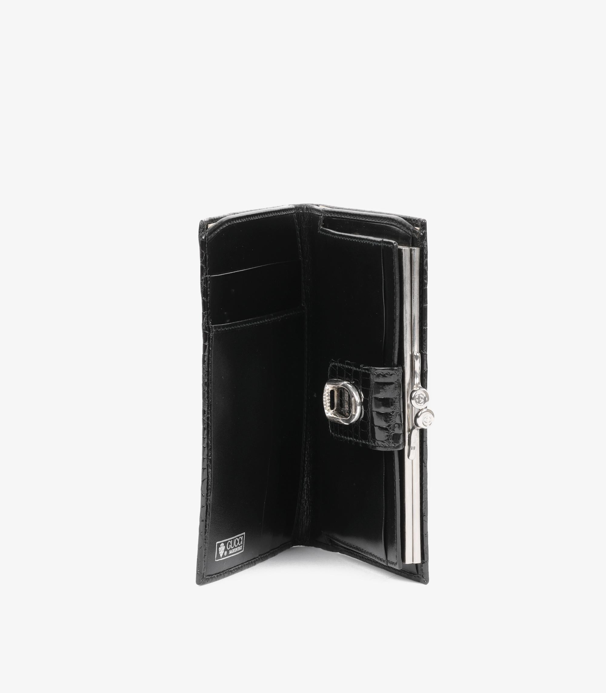 Gucci Black Shiny Alligator Leather Vintage Stirrup Wallet For Sale 1