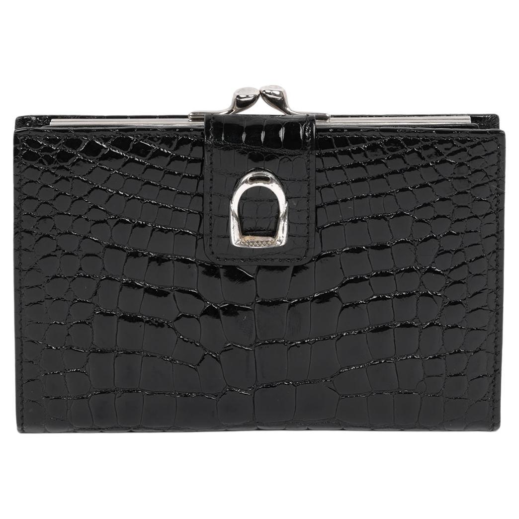Gucci Black Shiny Alligator Leather Vintage Stirrup Wallet For Sale
