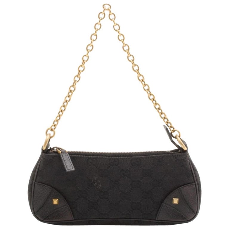 Gucci Black Signature GG Canvas Chain Link Nailhead Pochette Handbag