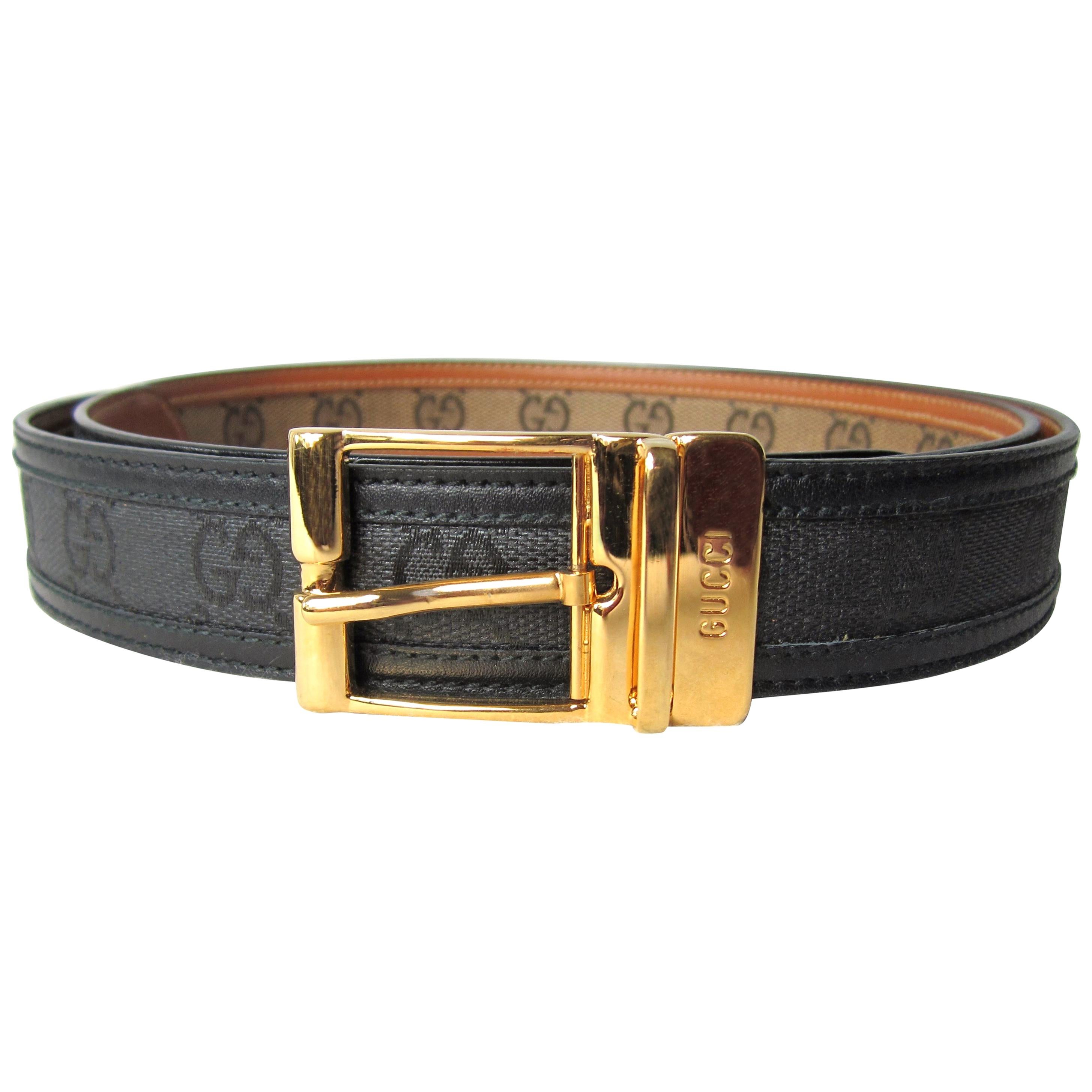  Gucci Black Signature GG Canvas & Leather Belt Never Worn w/ Tags Unisex 1990s For Sale