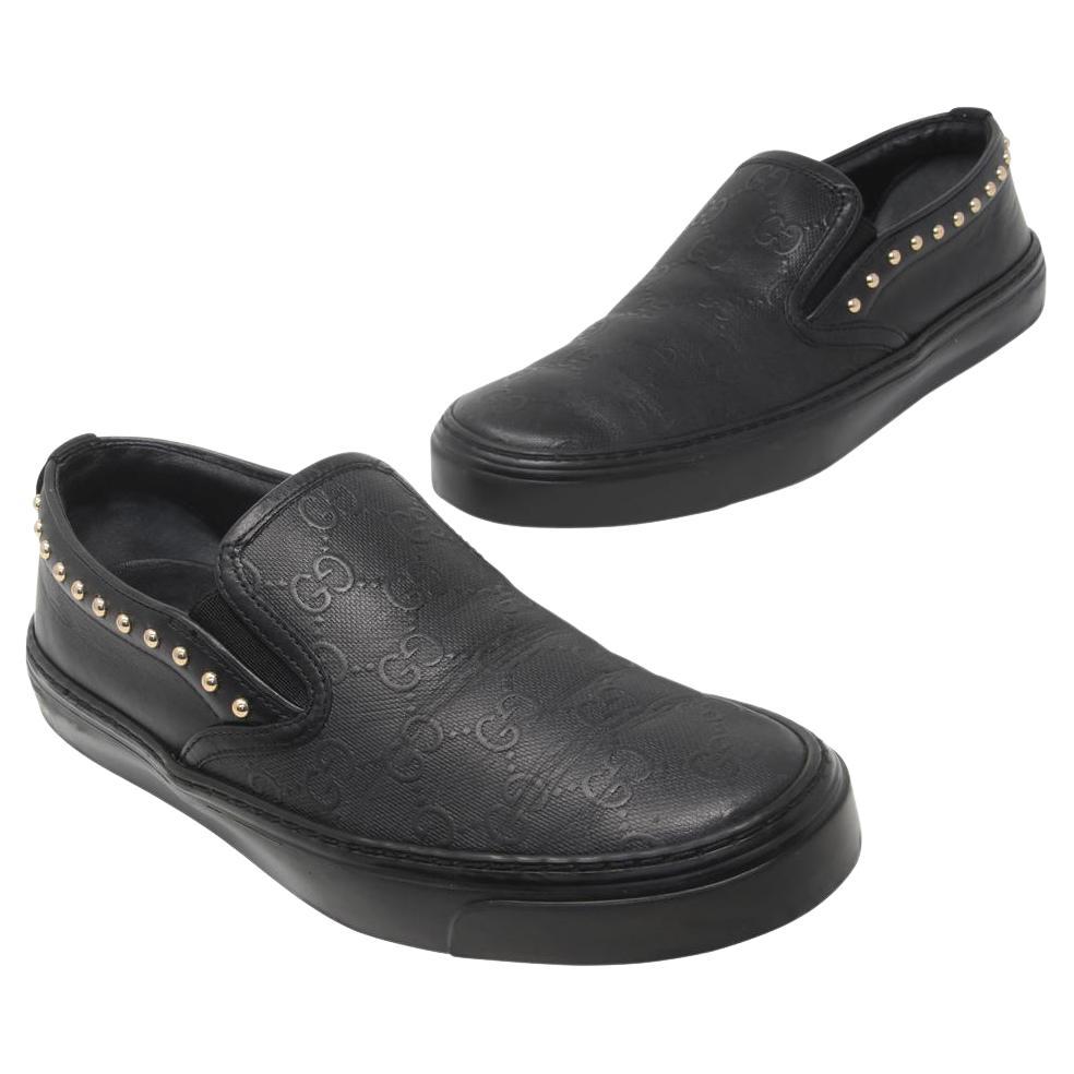 Gucci Black Signature GG Leather Studded Sneaker Slide On 7 Flats For Sale