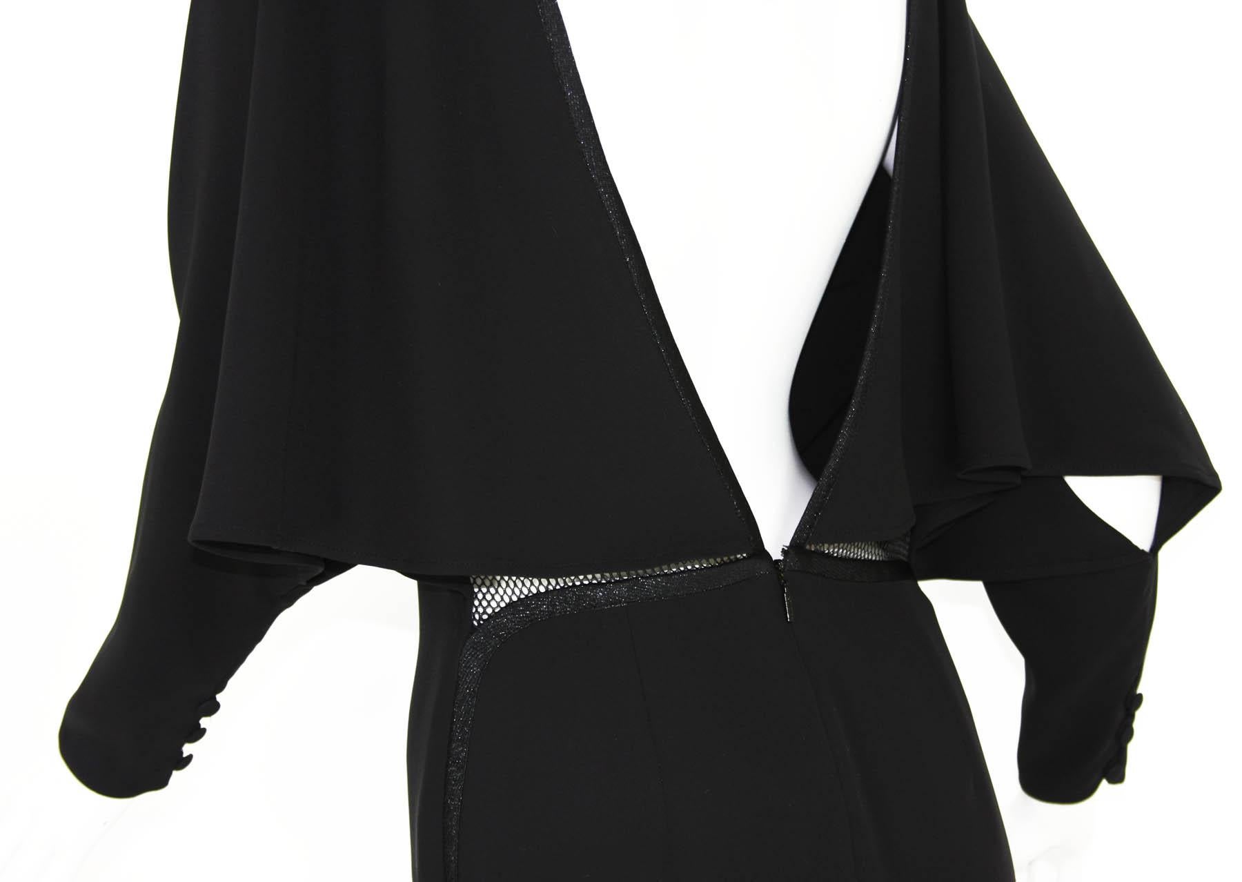 Gucci Black Silk Cape Effect Deep Plunging Open Back Cocktail Dress S For Sale 3