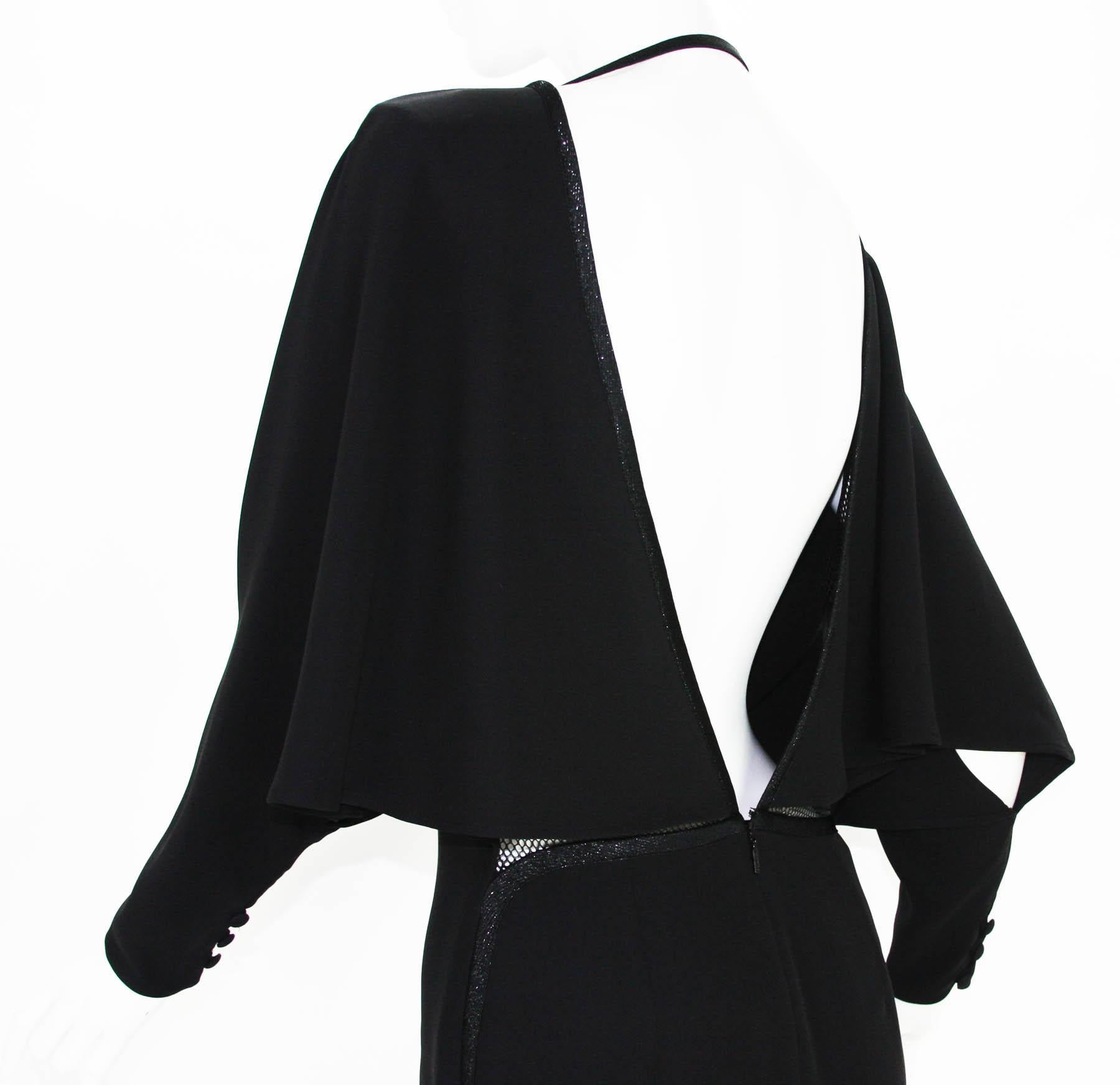 Gucci Black Silk Cape Effect Deep Plunging Open Back Cocktail Dress S For Sale 2