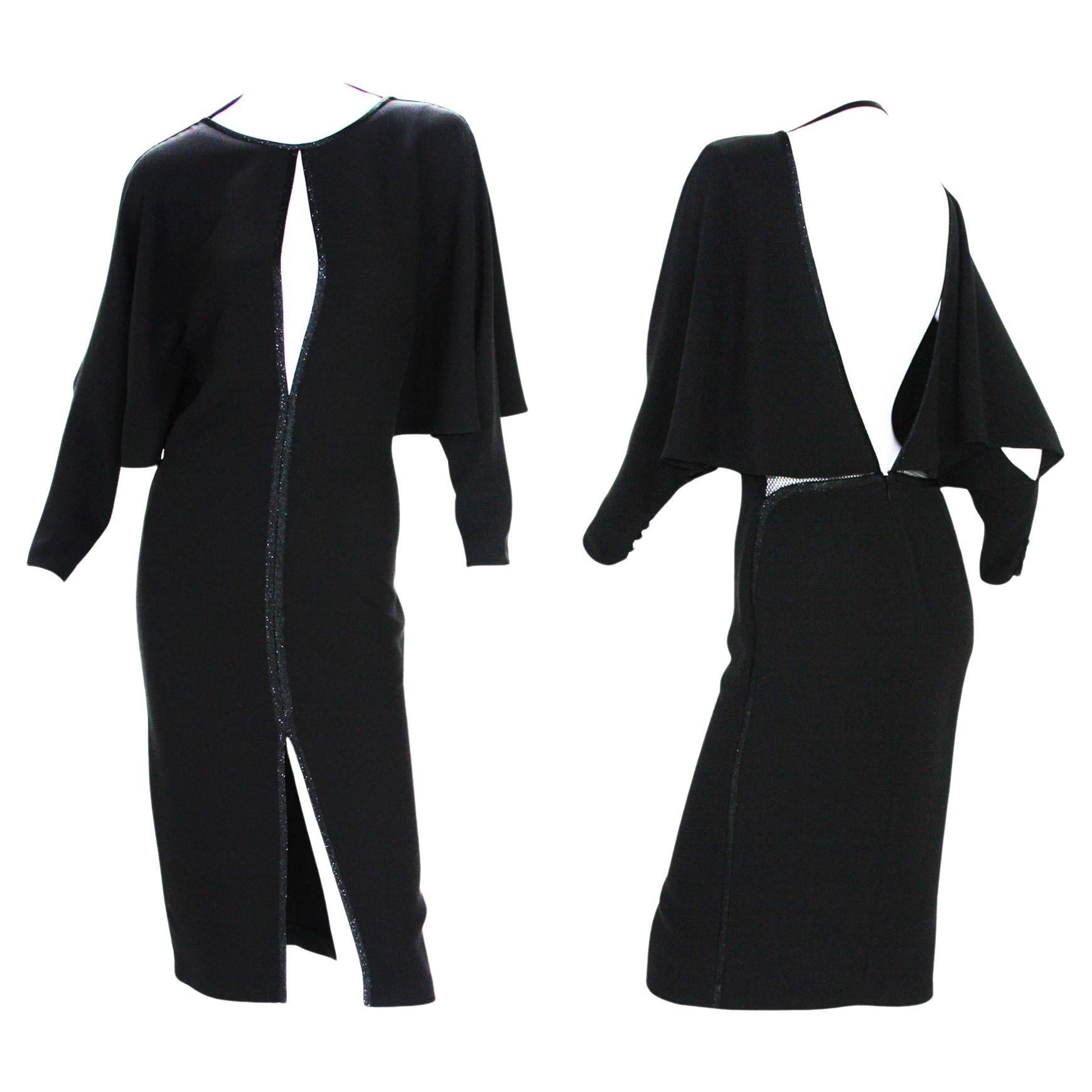 Gucci Black Silk Cape Effect Deep Plunging Open Back Cocktail Dress S For Sale