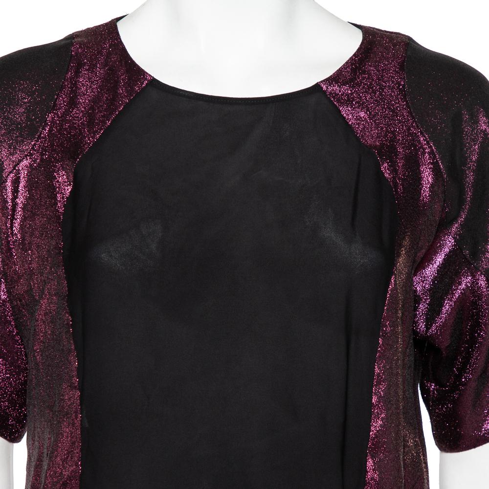 Women's Gucci Black Silk Contrast Lamé Paneled Pleated Midi Dress S