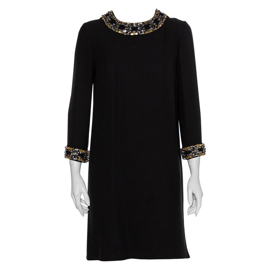 Gucci Black Silk Embellished Detail Shift Dress M