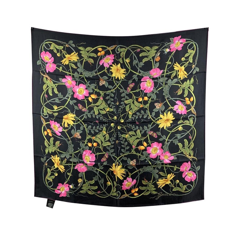 Gucci Black Silk Flower Webby Square Scarf 90 x 90 Never Worn For Sale ...