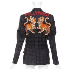 GUCCI black silk jacquard Tiger Hollywood applique tuxedo blazer IT44 XS