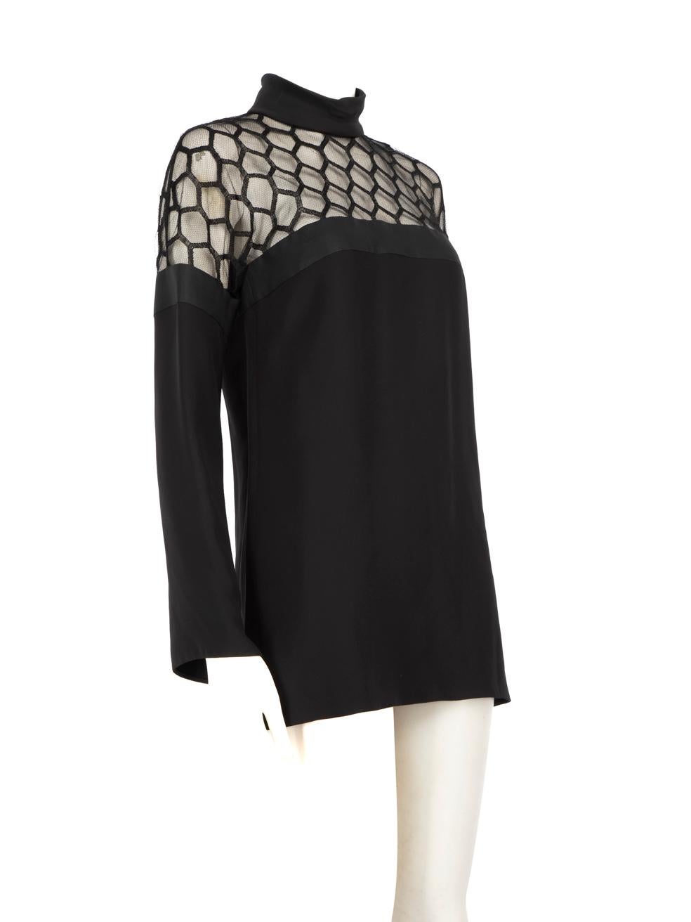 CONDITION is Very good. Minimal wear to the dress is evident. Plucks to the weave inside the neckline on this used Gucci designer resale item.
 
 Details
 
 
 Black
 
 Silk
 
 Dress
 
 Mini
 
 See through neckline
 
 Long sleeves
 
 Back neck button
