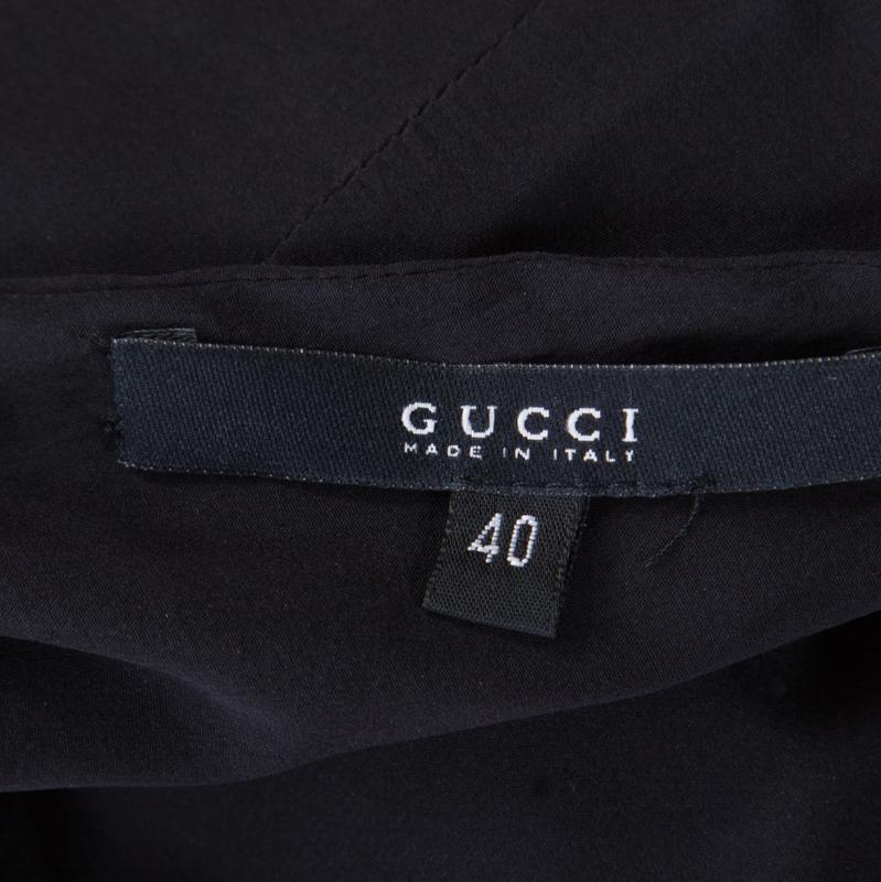 Women's Gucci Black Silk Metal Fish Bone Embellished Ruched Dress M
