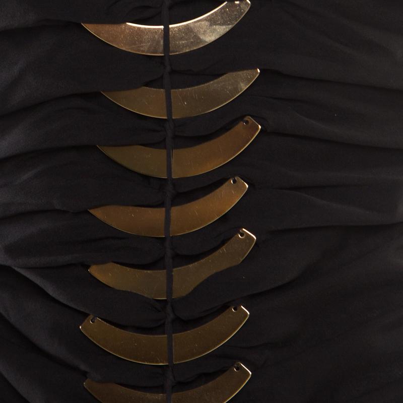Gucci Black Silk Metal Fish Bone Embellished Ruched Dress M 1