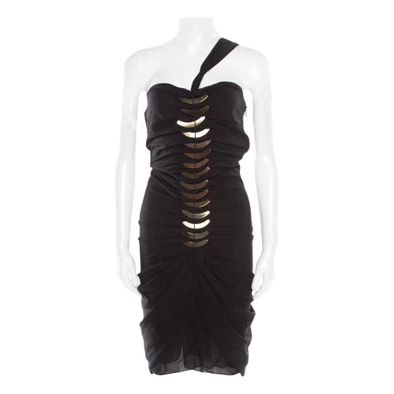 Gucci Black Silk Metal Fish Bone Embellished Ruched Dress M For Sale at 1stDibs
