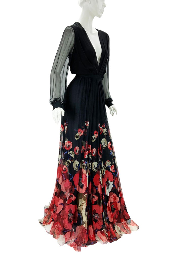 Gucci Black Silk Plunging Pansies Flowers Print Long Dress Gown Italian 42  US 6 at 1stDibs