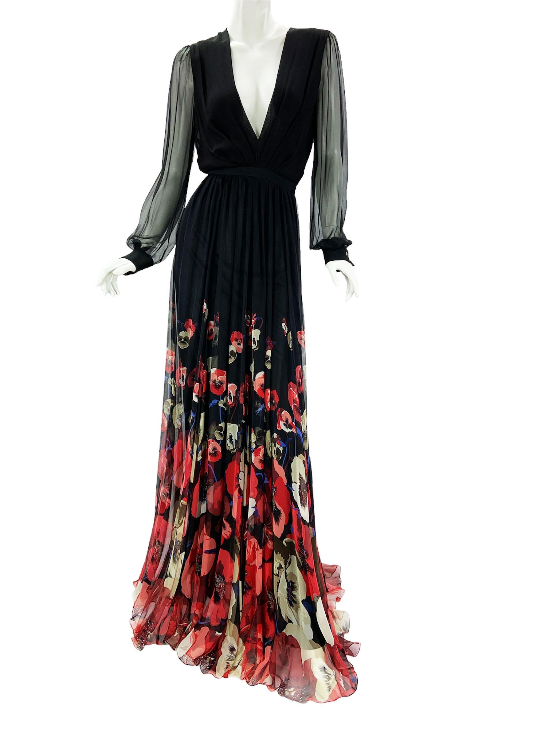 Women's Gucci Black Silk Plunging Pansies Flowers Print Long Dress Gown Italian 42 US 6 For Sale