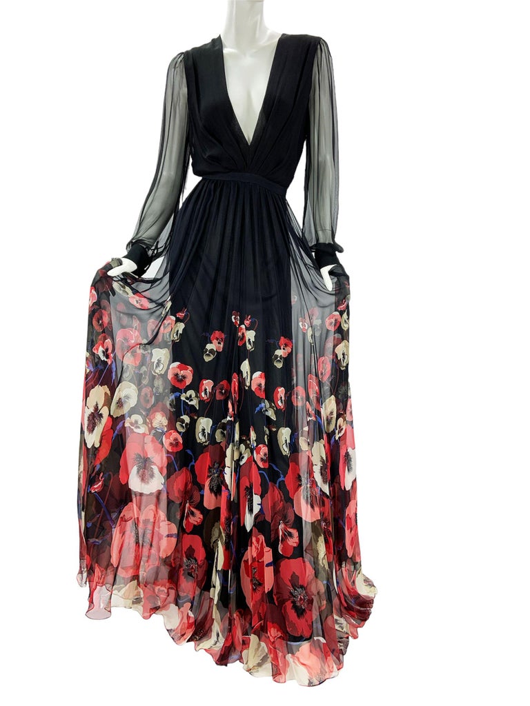 Gucci Black Silk Plunging Pansies Flowers Print Long Dress Gown Italian 42  US 6