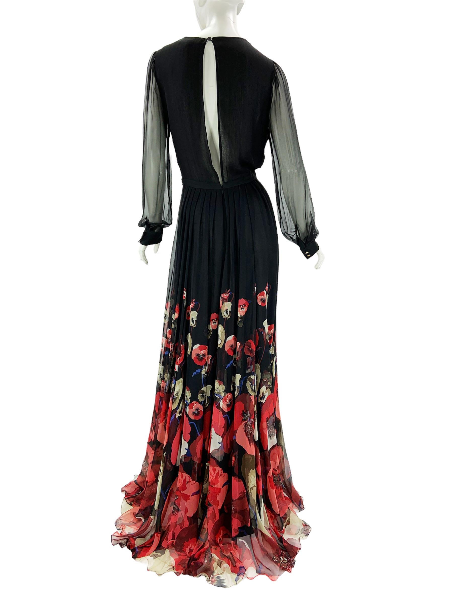 Gucci Black Silk Plunging Pansies Flowers Print Long Dress Gown Italian 42 US 6 For Sale 2
