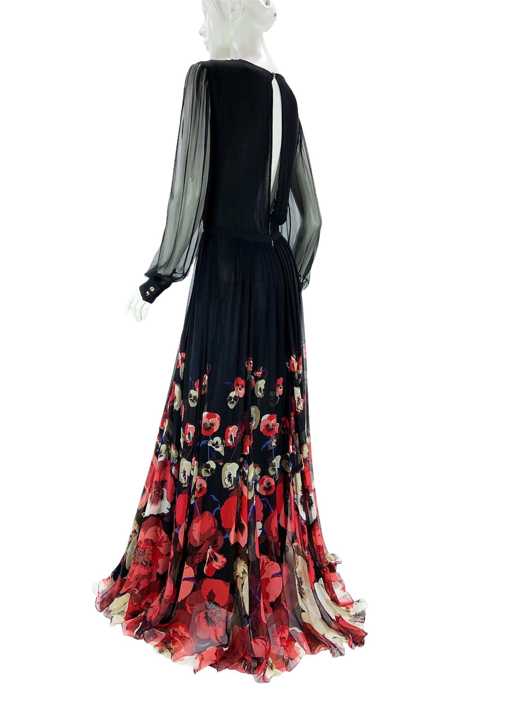 Gucci Black Silk Plunging Pansies Flowers Print Long Dress Gown Italian 42 US 6 For Sale 3