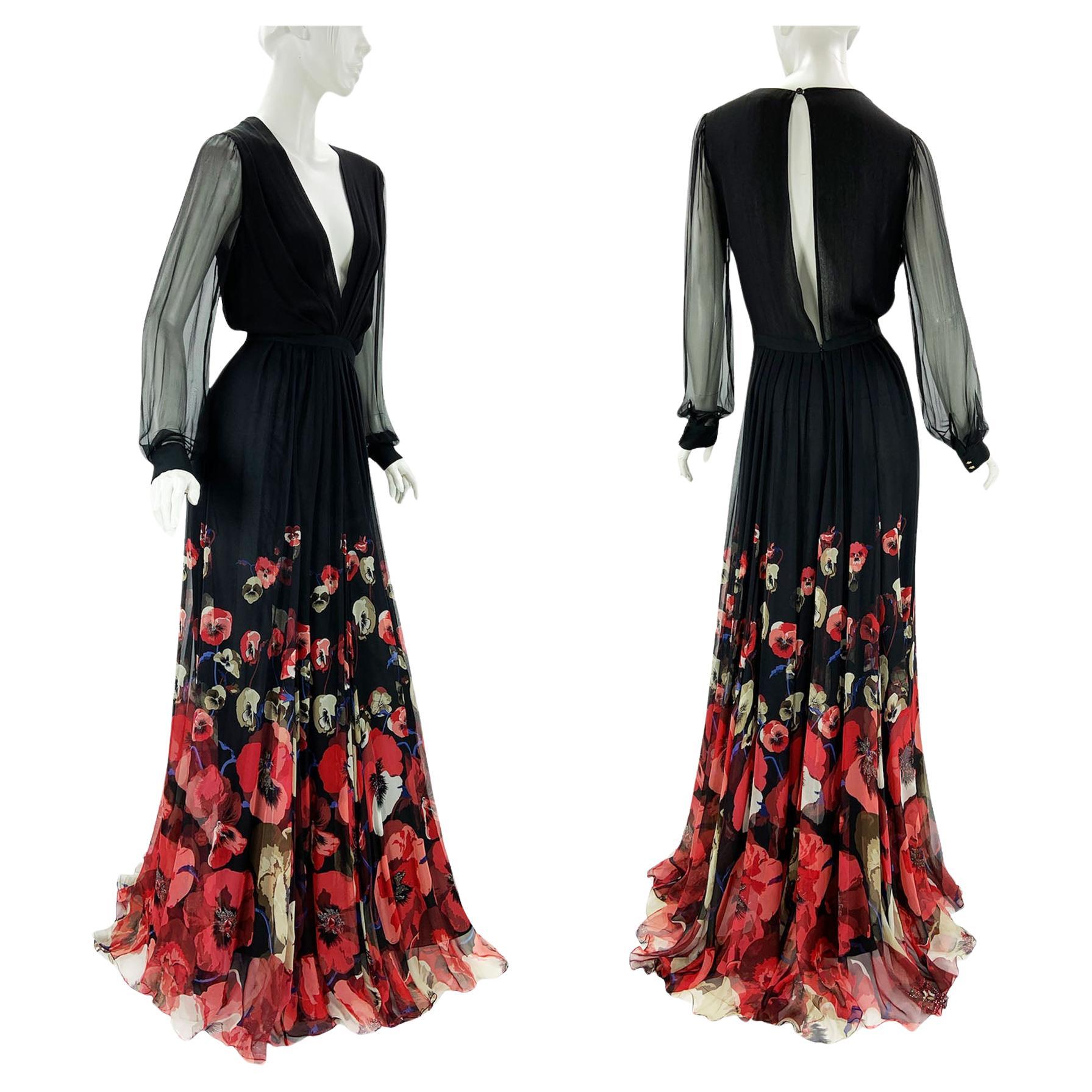 Gucci Black Silk Plunging Pansies Flowers Print Long Dress Gown Italian 42 US 6 For Sale