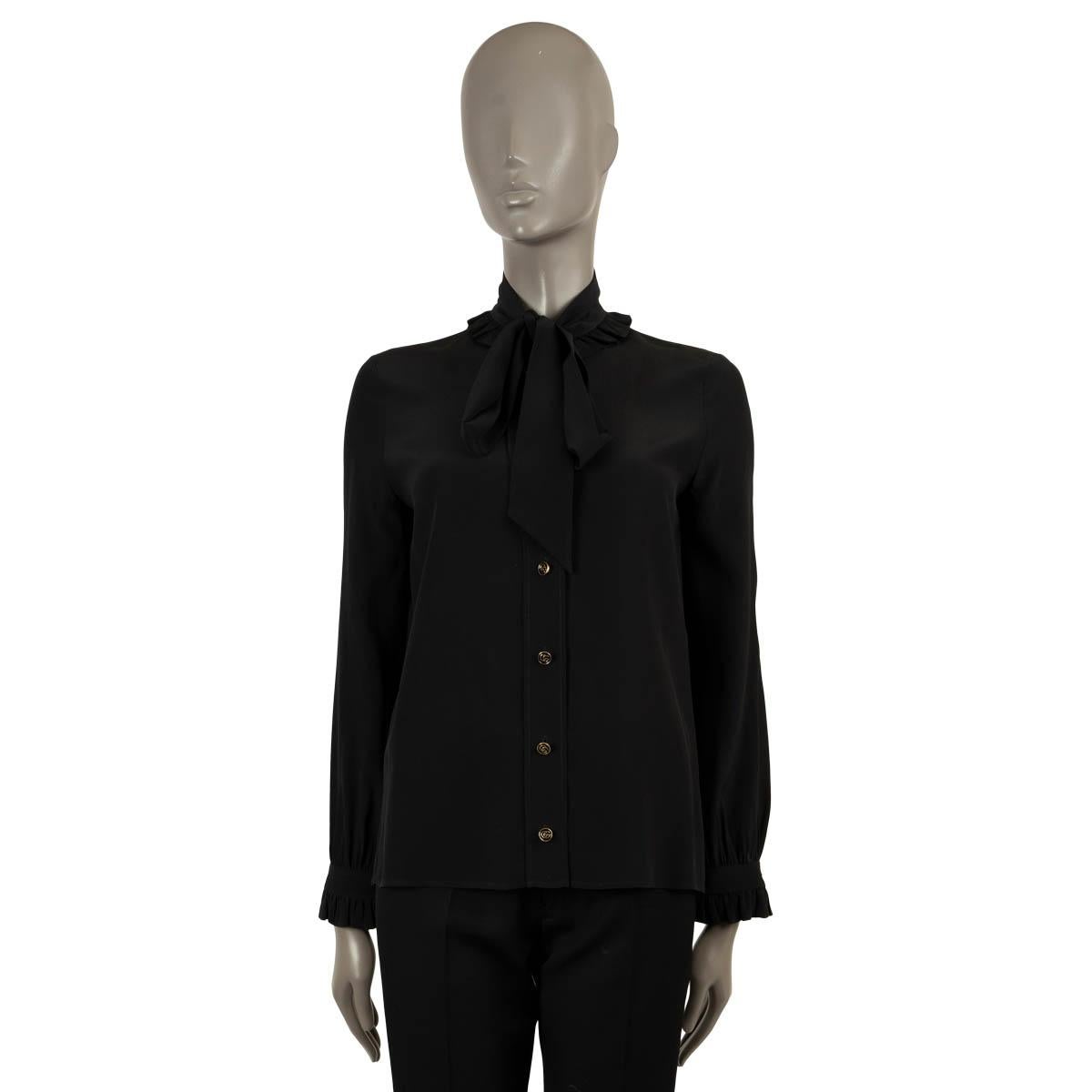 GUCCI black silk RUFFLE TRIM PUSSY BOW Blouse Shirt 36 XXS For Sale