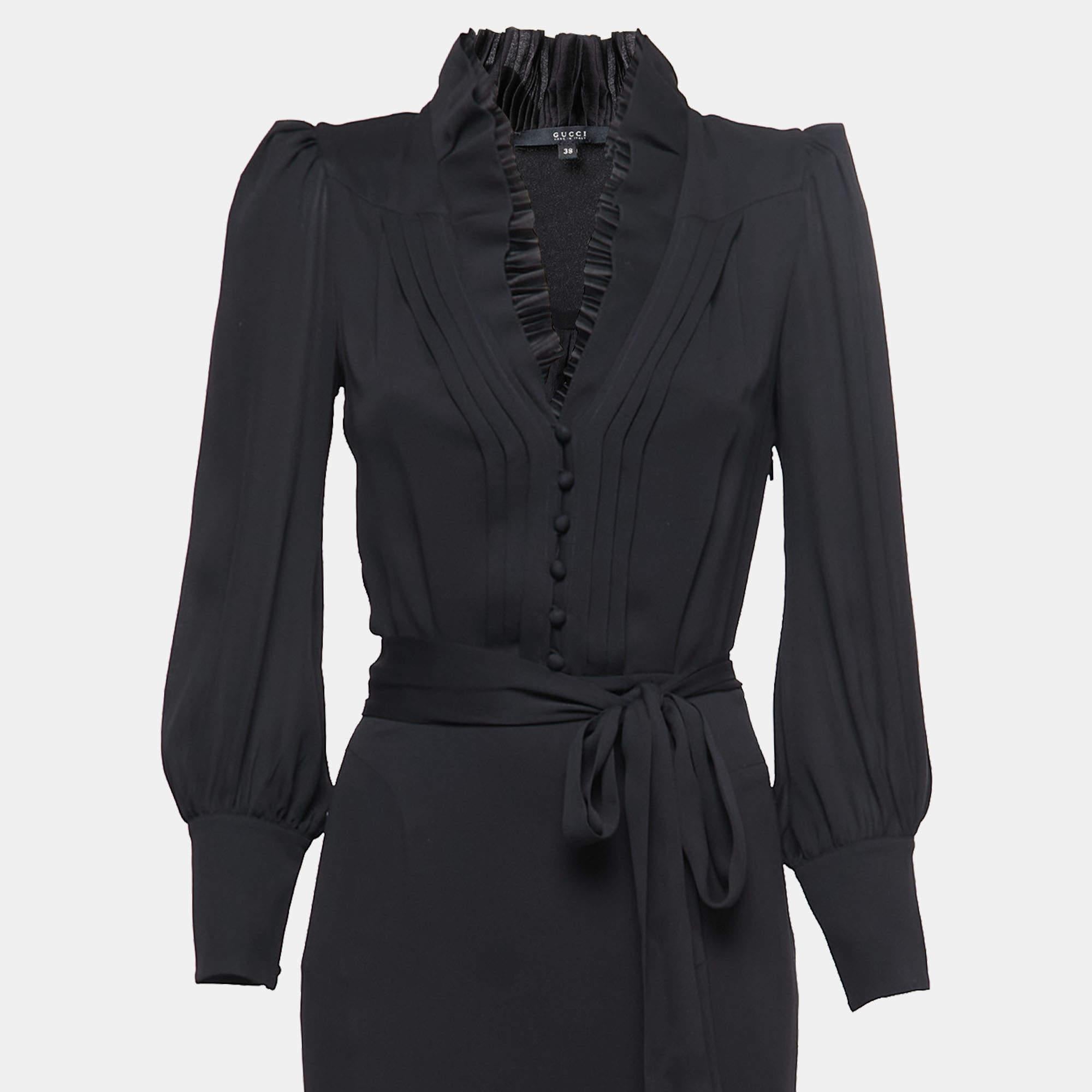Gucci Black Silk Ruffled Neck Tie Back Long Dress S In Good Condition In Dubai, Al Qouz 2