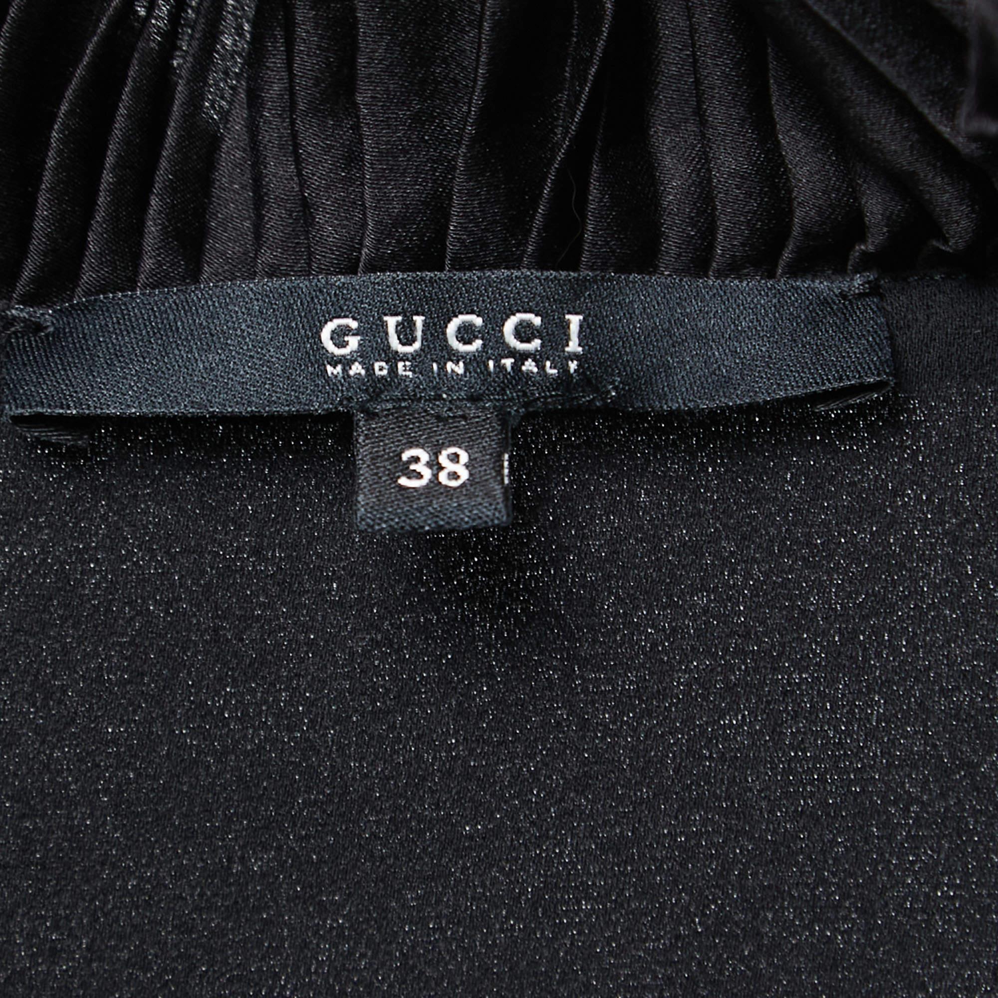 Gucci Black Silk Ruffled Neck Tie Back Long Dress S 2