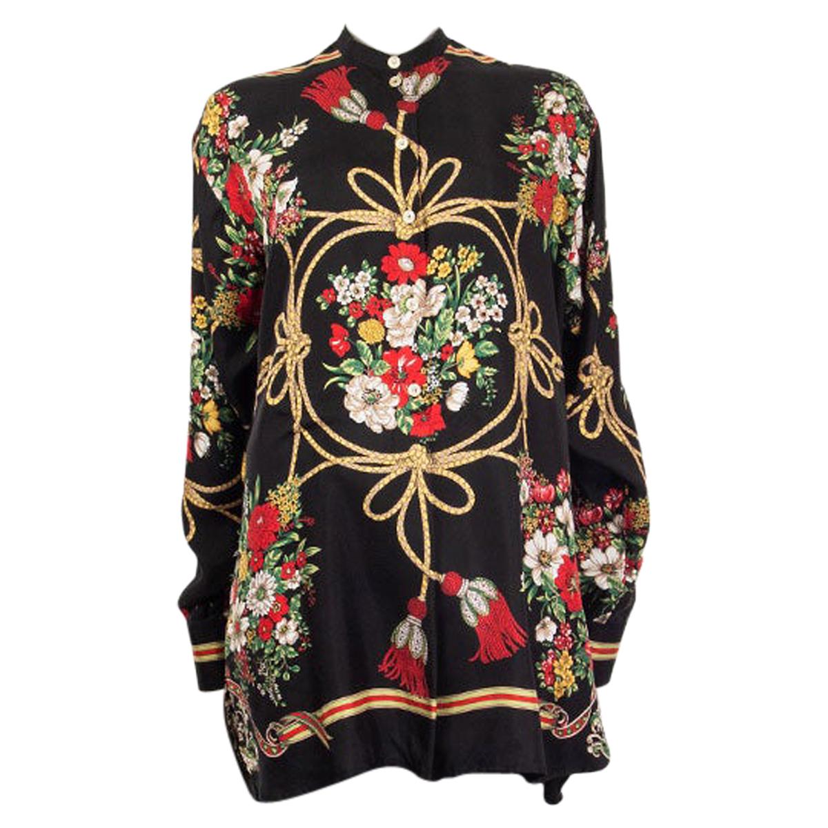 GUCCI black silk TWILL FLORAL TASSEL OVERSIZED Blouse Shirt 40 S For Sale