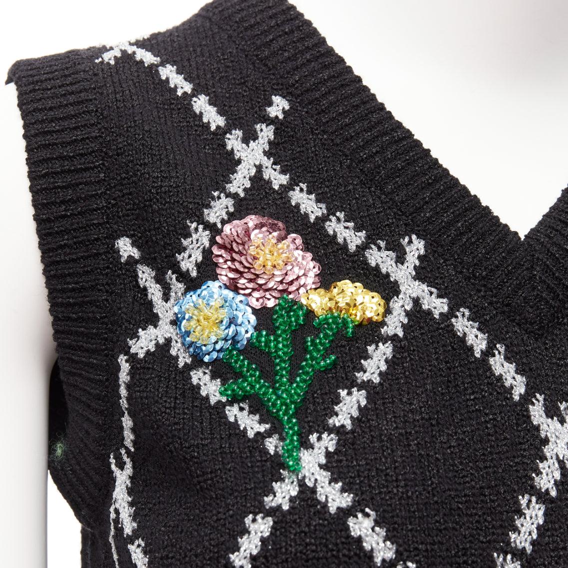 GUCCI black silver diamong argyle floral embellished sweater vest S For Sale 2