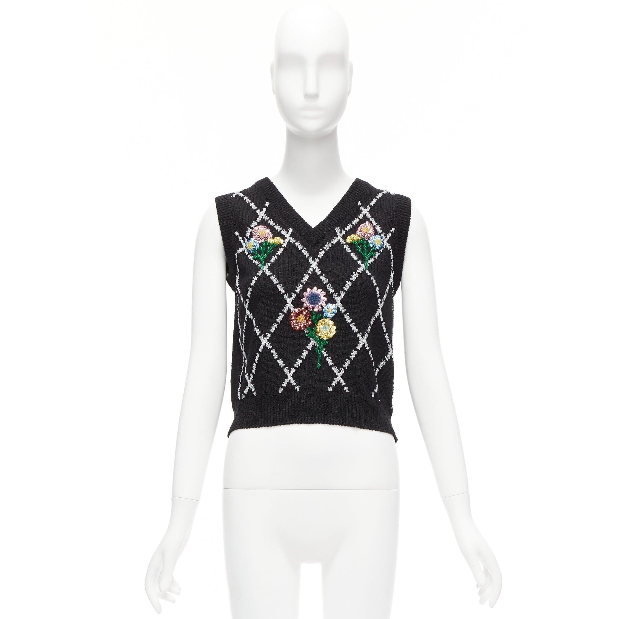 GUCCI black silver diamong argyle floral embellished sweater vest S For Sale 5